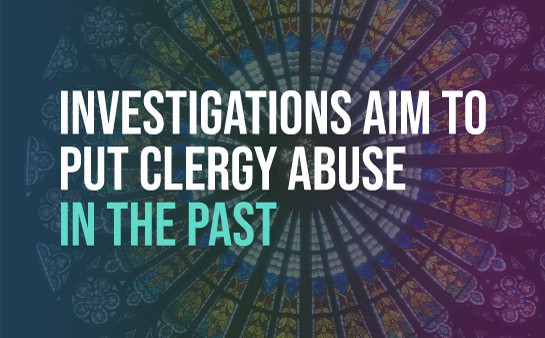 stained glass window with "investigations aim to put clergy abuse in the past" over it