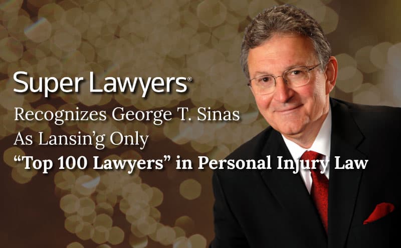 George Sinas headshot over gold glitter background, Super Lawyers Top 100 recognition