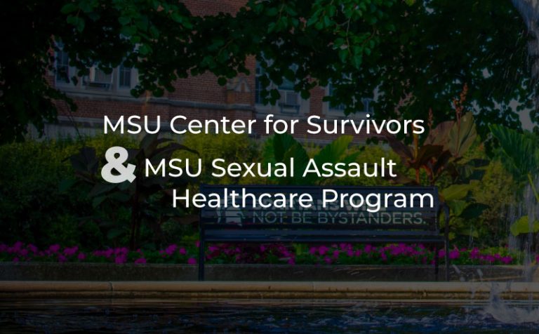 Michigan State University Center for Survivors of Sexual Assault Healthcare Program title image with bench near water fountain