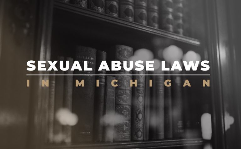 black and white image of books on bookshelf with "sexual abuse laws in michigan" text
