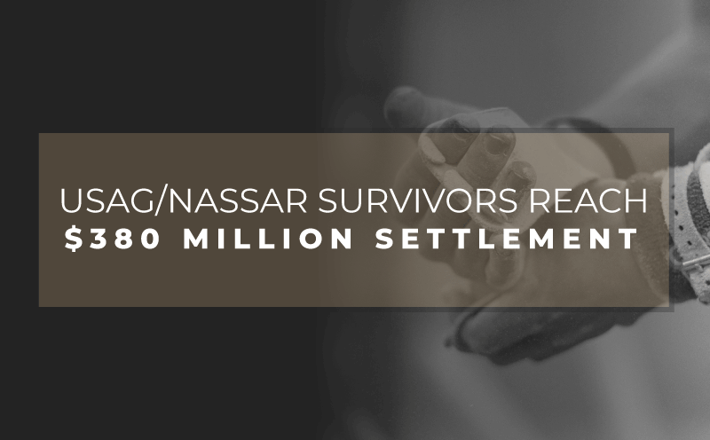 gymnast chalking hands, text says "USAG/Nassar survivors reach $380 million settlement"