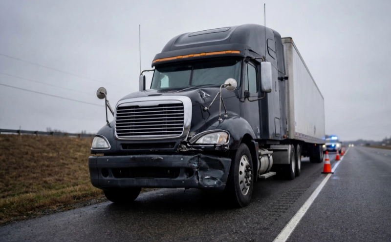 Damaged semi-truck stopped on the side of a highway with traffic cones and a police vehicle in the background after a commercial vehicle crash