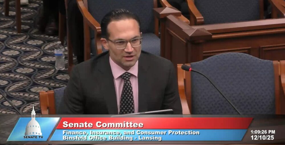 Stephen Sinas testifies before the Michigan Senate Insurance, Finance, and Consumer Protection Committee to urge passage of Senate Bill 245 to give Michigan consumers the right to sue insurers for unfair and wrongful claim denials.