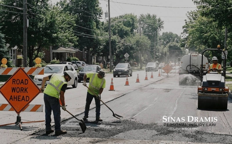 Road construction crew working in a Michigan work zone with traffic and cones, illustrating potential contractor liability