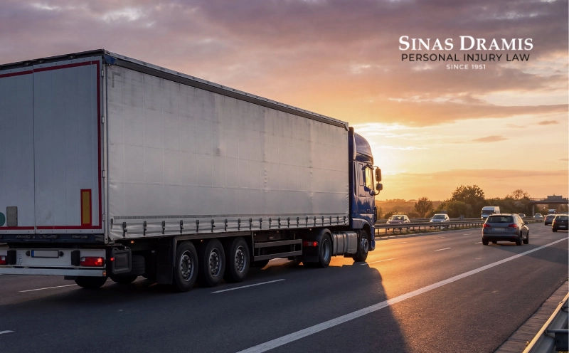 Semi truck traveling on Michigan highway, representing liability factors in truck accident cases