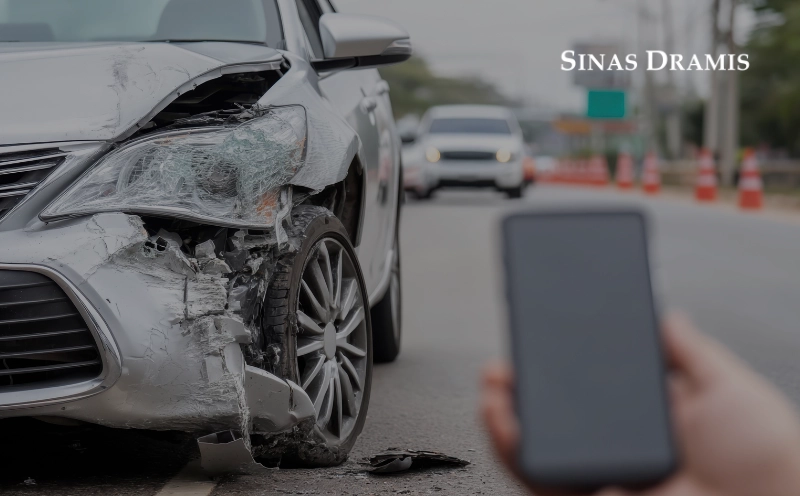 Damaged vehicle at a roadside scene with a phone used to photograph evidence after a car accident.