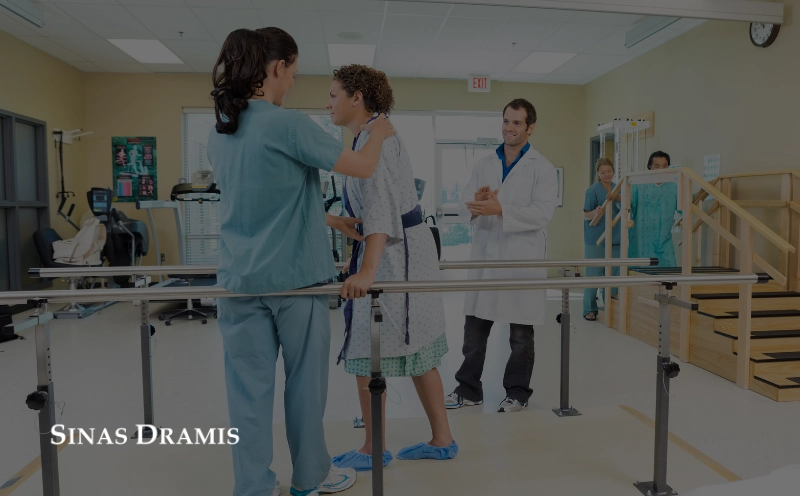 Patient participating in rehabilitation therapy with medical professionals following a serious injury.