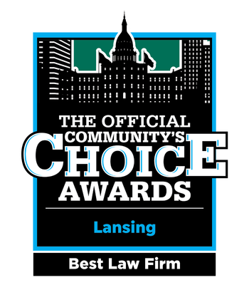Official 2026 Community's Choice Awards Lansing Best Law Firm badge awarded to Sinas Dramis Law Firm.