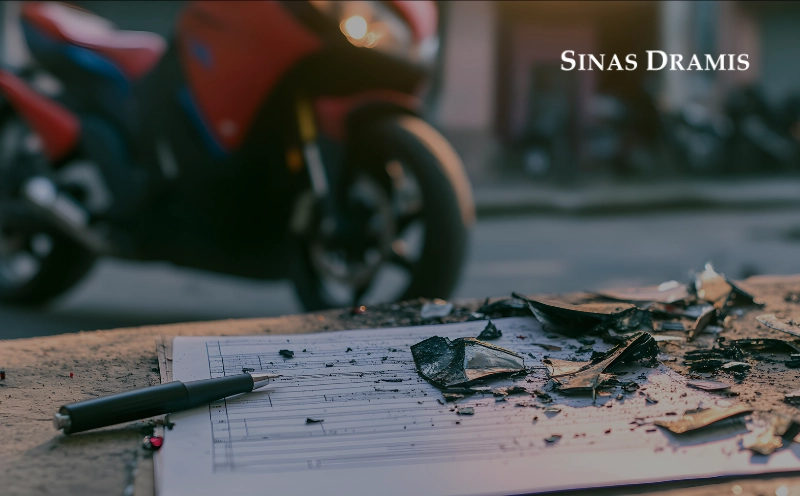 Motorcycle accident debris and investigation documents at a crash scene representing insurance and claim issues after a motorcycle accident.