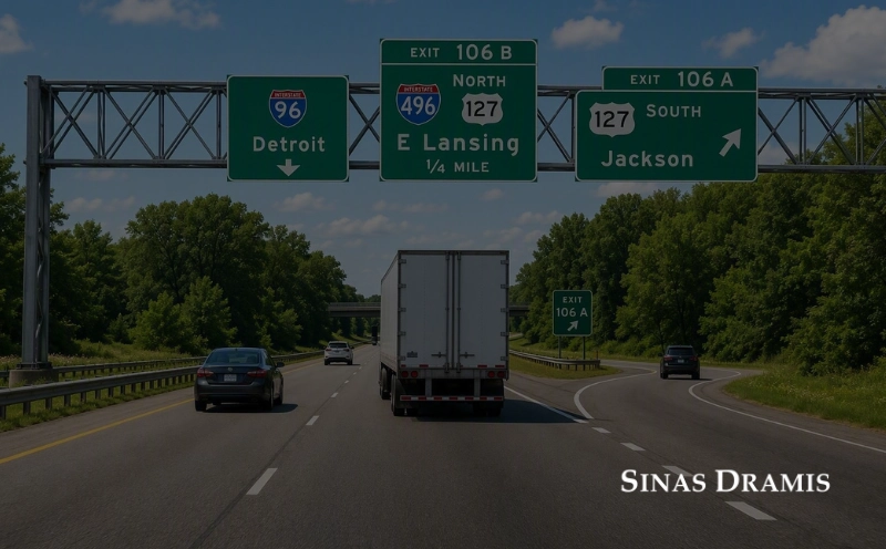 Semi-truck traveling near the I-96, I-496, and US-127 interchange in the Lansing area.