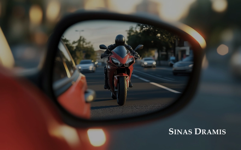 Motorcycle visible in a vehicle side mirror, illustrating the visibility challenges riders face on Michigan roads.