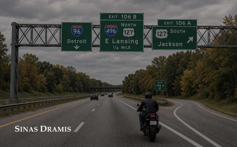 Motorcycle rider traveling near the I-96, I-496, and US-127 interchange in the Lansing area.