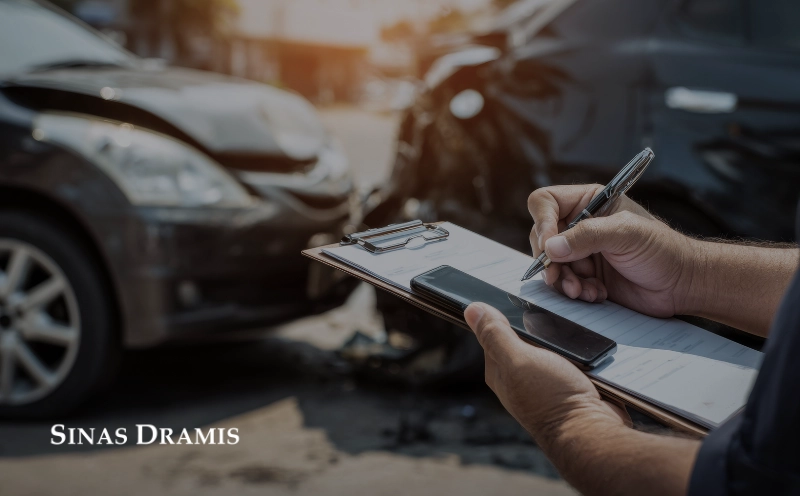 Accident scene documentation being completed beside damaged vehicles after a car crash.