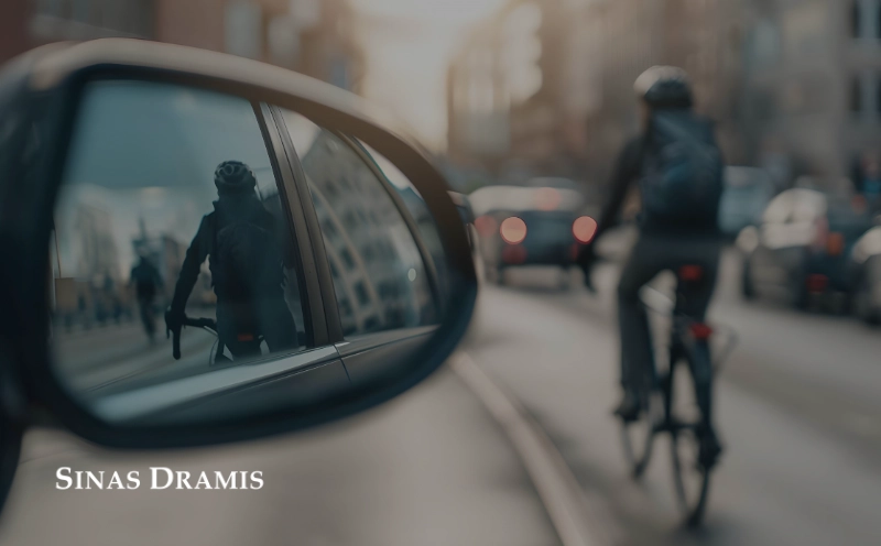 Bicyclist visible in a vehicle side mirror while traveling on a city street, illustrating roadway awareness and bicycle safety.