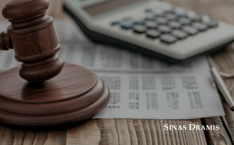 Judge's gavel, calculator, and financial documents representing case costs in a personal injury claim.