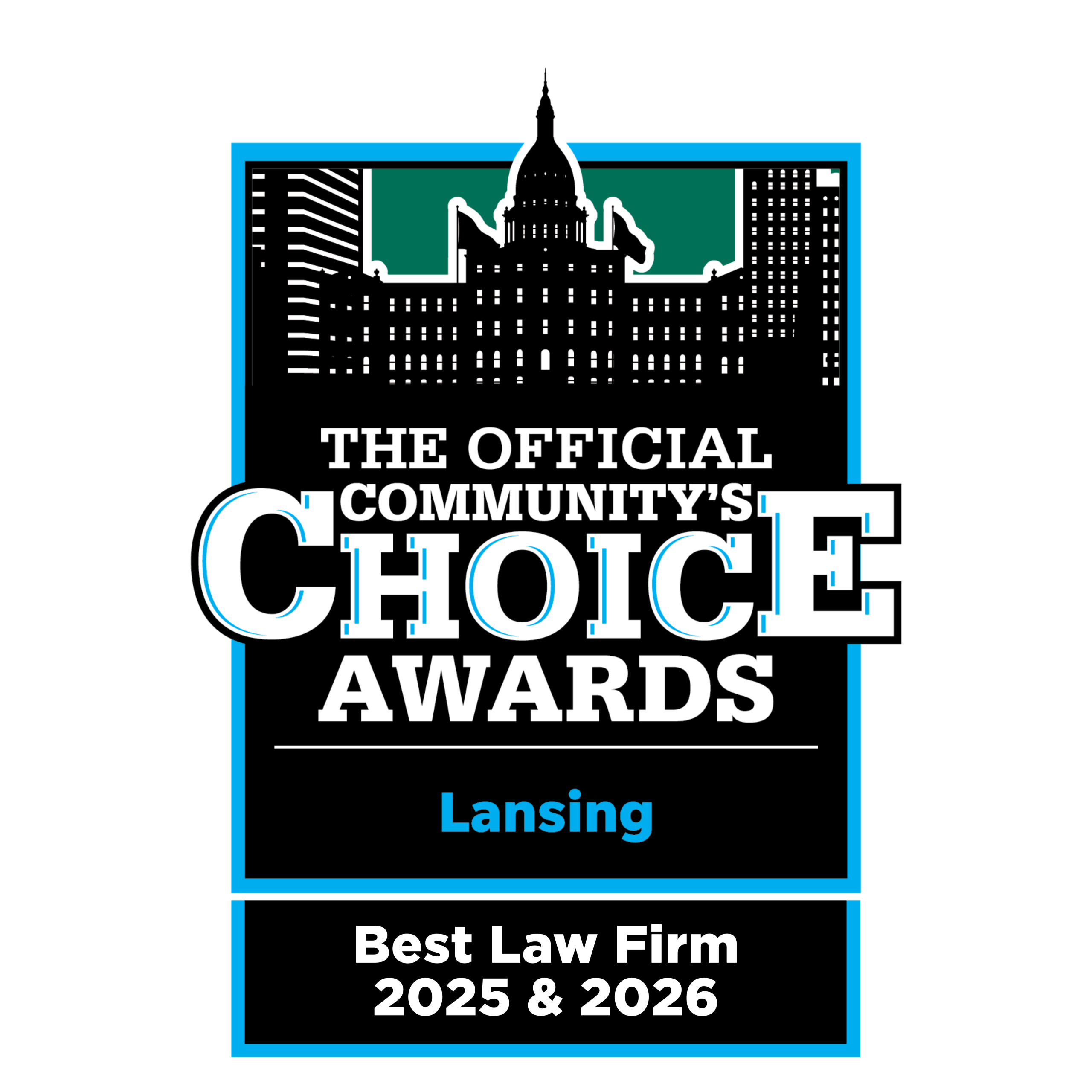 lansing-communitys-choice-best-law-firm-sinas-dramis-2025-2026 Lansing Community's Choice Best Law Firm Winner Badge for 2025 and 2026