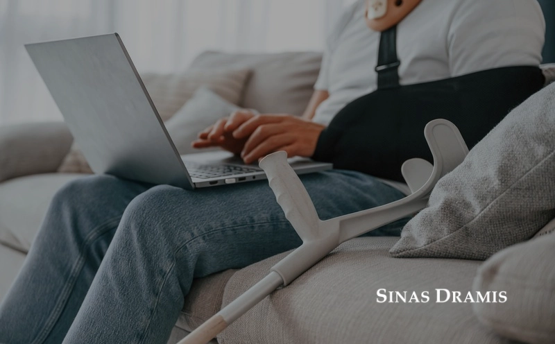 Person recovering from an accident-related injury while using a laptop at home with a crutch nearby.