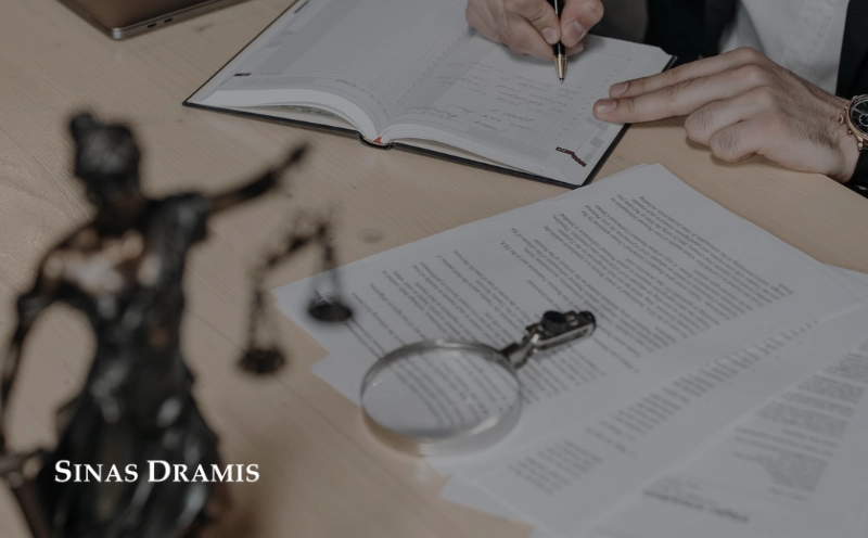 Legal documents, a planner, and a magnifying glass being reviewed during the discovery phase of a personal injury lawsuit.